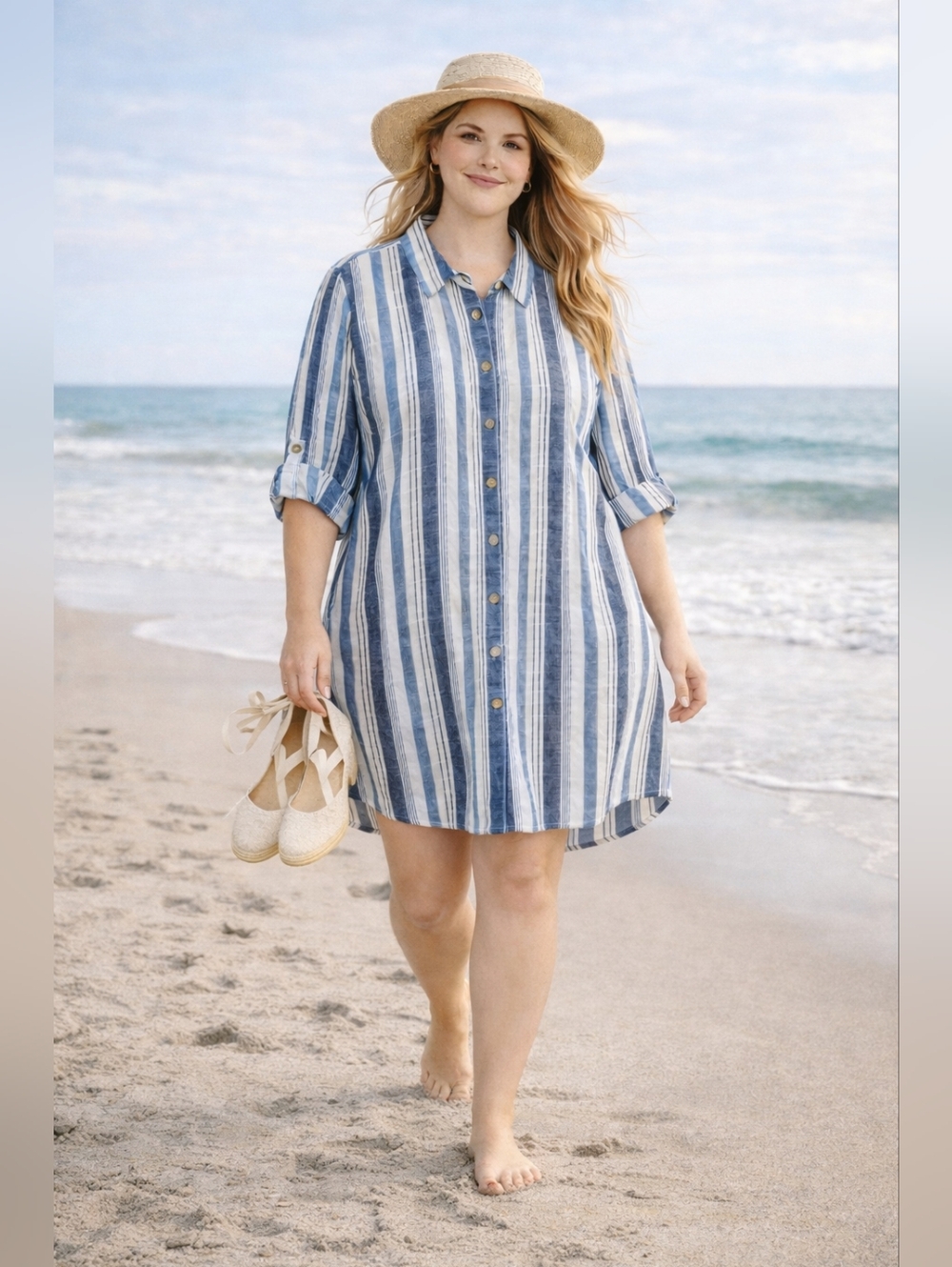 Coastal Striped Shirt Dress 1X Blue White Beachy Button Down Breezy Casual Chic - Picture 3 of 8
